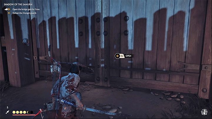Once youre to the left of the locked gate, Jin locates a hole in the Palisade - Ghost of Tsushima: Shadow of the Samurai walkthrough, video guide - Act 1 - Ghost of Tsushima Guide, Walkthrough