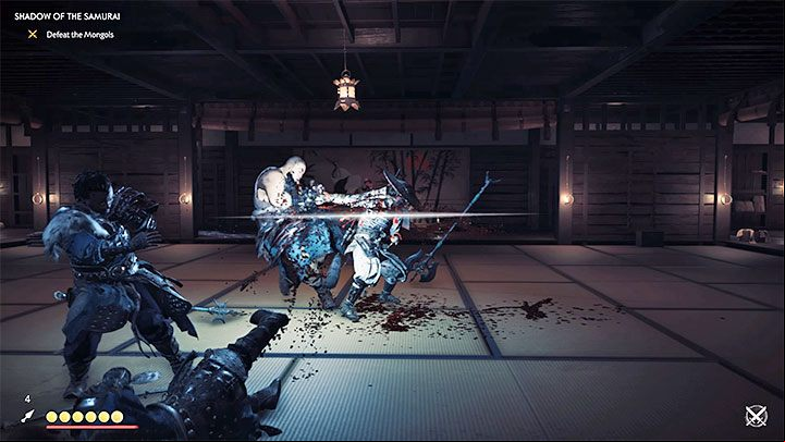 Immediately after entering the building, a stand-off will begin - try to kill 1 or more enemies (if you have purchased stand-off improving skills) - Ghost of Tsushima: Shadow of the Samurai walkthrough, video guide - Act 1 - Ghost of Tsushima Guide, Walkthrough