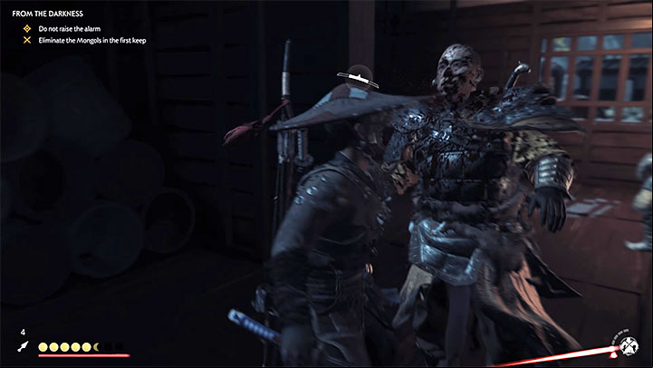 You have to eliminate Mongols located on three floors of the keep - Ghost of Tsushima: From the Darkness walkthrough, video guide - Act 2 - Ghost of Tsushima Guide, Walkthrough