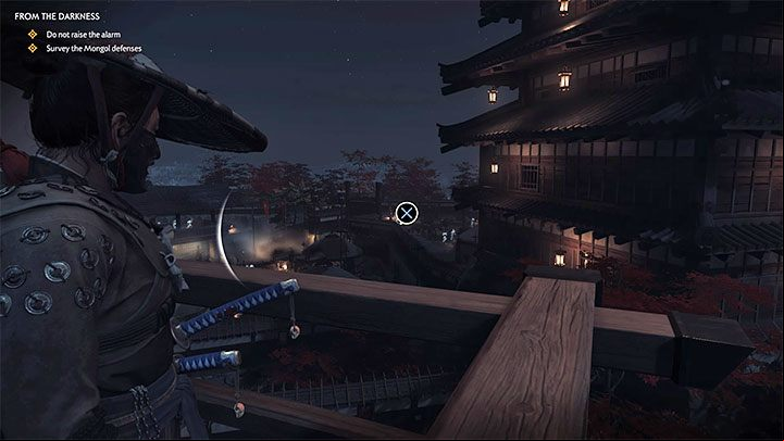 The reconnaissance site is located in one of the corners of the balcony on the second floor of the tower - Ghost of Tsushima: From the Darkness walkthrough, video guide - Act 2 - Ghost of Tsushima Guide, Walkthrough
