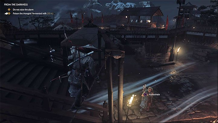At the new location, climb onto the tent and take another opportunity to walk over the rope - Ghost of Tsushima: From the Darkness walkthrough, video guide - Act 2 - Ghost of Tsushima Guide, Walkthrough