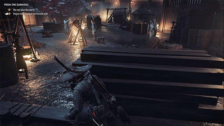 Go around the main camp from the left, and try to remain in the shadows - Ghost of Tsushima: From the Darkness walkthrough, video guide - Act 2 - Ghost of Tsushima Guide, Walkthrough