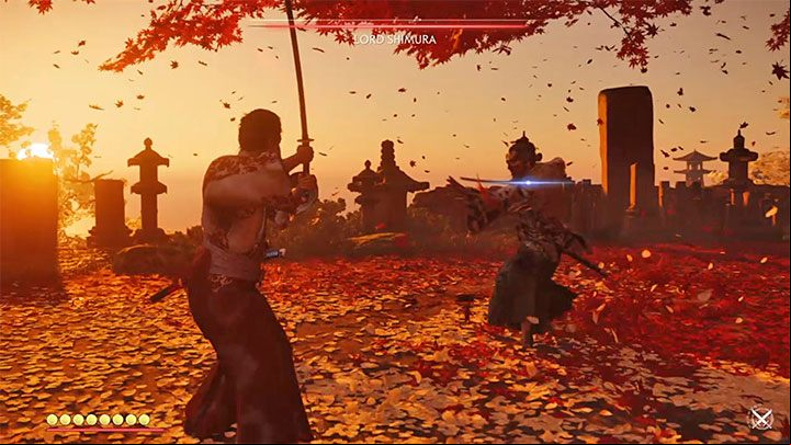 The boss also uses single blue attacks such as katana stab - Ghost of Tsushima: The Tale of Lord Shimura walkthrough, video guide - Act 3 - Ghost of Tsushima Guide, Walkthrough