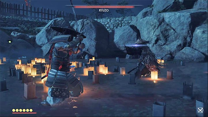 Blue boss attacks can be paired, but only if you have purchased Unyielding Sword Parry from the Deflection tree - Ghost of Tsushima: How to beat Ryuzo in first fight? Video guide - Main quests - Ghost of Tsushima Guide, Walkthrough