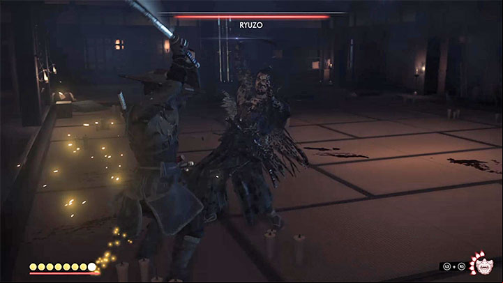 You can cause small amount of damage to Ryuzo by launching 2-3 attacks after each successful parry - Ghost of Tsushima: How to beat Ryuzo second fight? Video guide - Main quests - Ghost of Tsushima Guide, Walkthrough