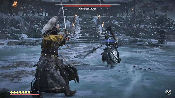 Once the animation of Jins and Khan wrestling appears, the boss also begins to use blue attacks - Ghost of Tsushima: How to beat Khan? Video guide - Main quests - Ghost of Tsushima Guide, Walkthrough