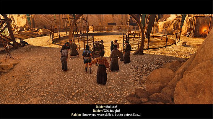Once you defeat all 4 champions in the arena, a cut-scene will play in which will be congratulated by the of the raiders camp - Ghost of Tsushima Iki Island: How to beat Sao? - The Hidden Cove Tournament - arena battles - Ghost of Tsushima Guide, Walkthrough