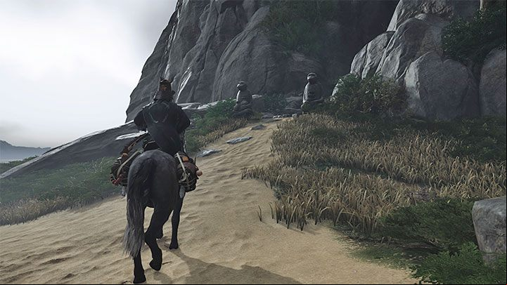 You must start the climb at the base of the mountain, at the location of the 2 monkey statues - this area is pictured in the screenshot - Ghost of Tsushima Iki Island: How to reach Saruiwa peak? - Secrets and Collectibles - Ghost of Tsushima Guide, Walkthrough