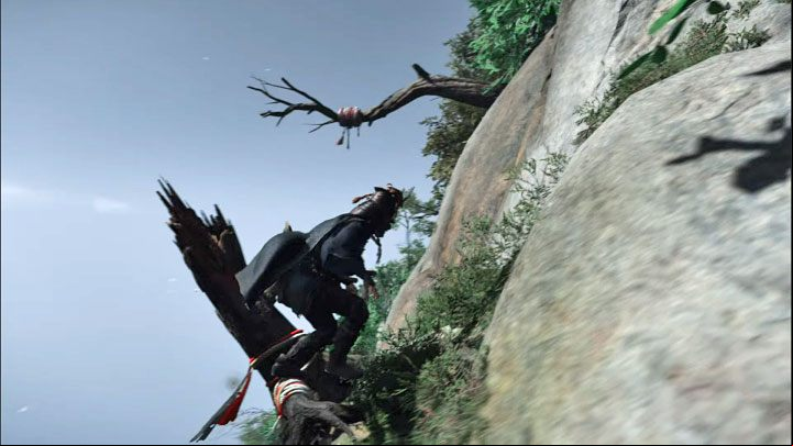 On the left side, you will notice an interactive hook near a protruding branch - Ghost of Tsushima Iki Island: How to reach Saruiwa peak? - Secrets and Collectibles - Ghost of Tsushima Guide, Walkthrough