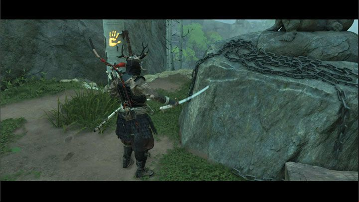 2) Unsheathe the katana - This is done by swiping right on the touchpad of the PS4 or PS5 controller - Ghost of Tsushima Iki Island: Shrine of Ash - Secrets and Collectibles - Ghost of Tsushima Guide, Walkthrough