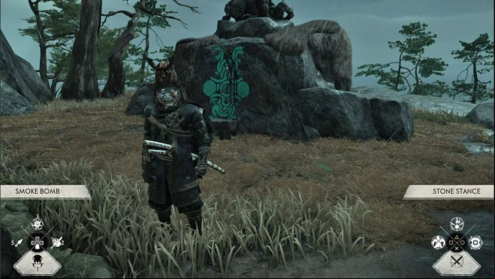 2) Throw a Smoke Bomb - You can select smoke bombs from your inventory by holding down R2 and pressing down on the d-pad - Ghost of Tsushima Iki Island: Shrine in Shadow - Secrets and Collectibles - Ghost of Tsushima Guide, Walkthrough