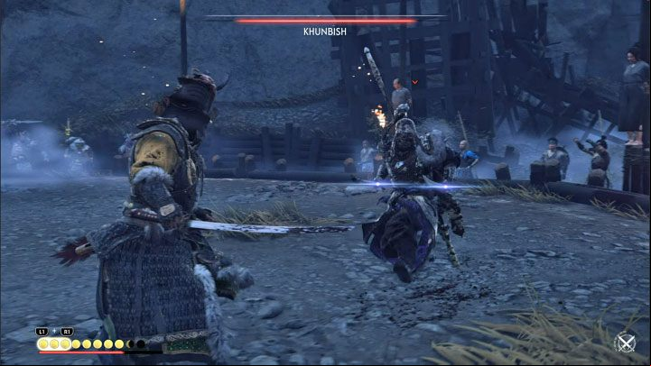 Khunbish likes to chain attacks and these can be regular, blue or red attacks - Ghost of Tsushima Iki Island: The Lightning in the Storm - walkthrough - Main Missions - Ghost of Tsushima Guide, Walkthrough