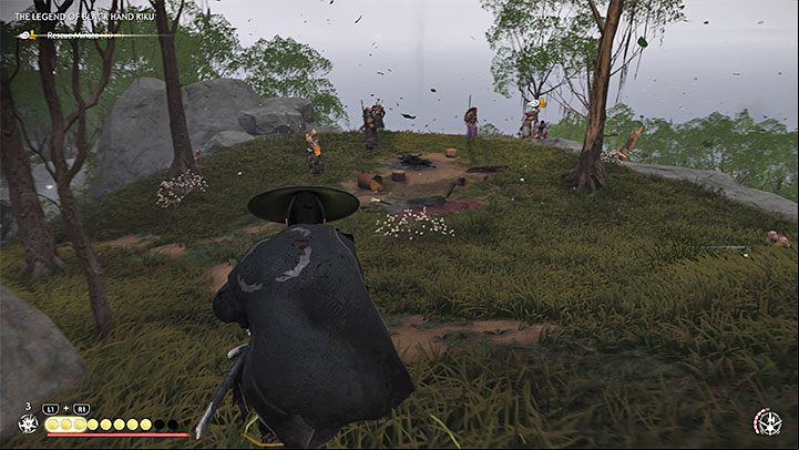 Start by leaving the hideout by following the marker on the screen indicating the exit - Ghost of Tsushima Iki Island: The Legend of Black Hand Riku - walkthrough - Mythic Tales - Ghost of Tsushima Guide, Walkthrough
