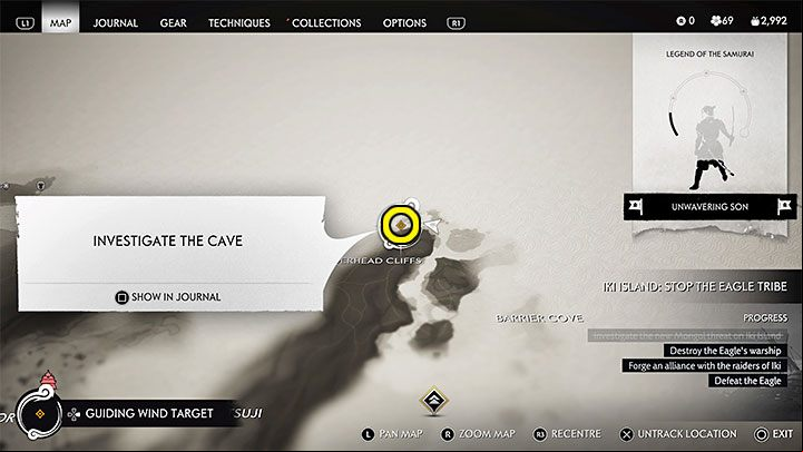 Your destination is the huge entrance to the Mysterious Cave from the screenshots - Ghost of Tsushima Iki Island: The Legend of Black Hand Riku - walkthrough - Mythic Tales - Ghost of Tsushima Guide, Walkthrough