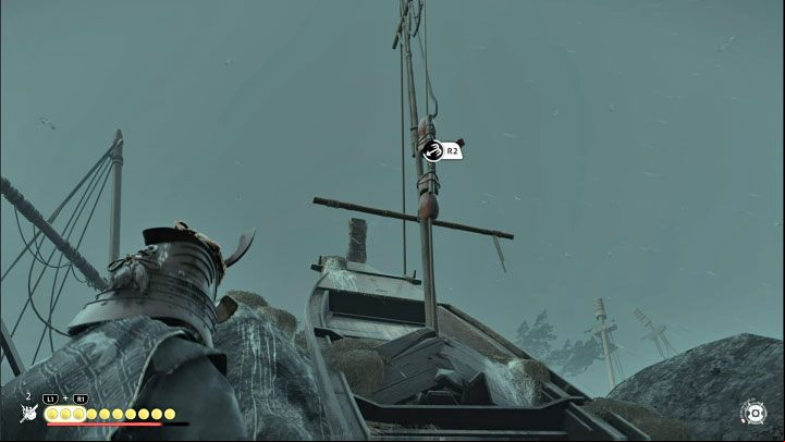 In the next area, use a rope with a hook on the mast - you need to hold R2 first and then L2 - Ghost of Tsushima Iki Island: The Legacy of Kazumasa Sakai - walkthrough - Mythic Tales - Ghost of Tsushima Guide, Walkthrough