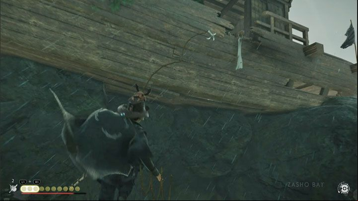 Reach the hanging rope and follow it to get closer to the shelf in picture 1 - Ghost of Tsushima Iki Island: The Legacy of Kazumasa Sakai - walkthrough - Mythic Tales - Ghost of Tsushima Guide, Walkthrough