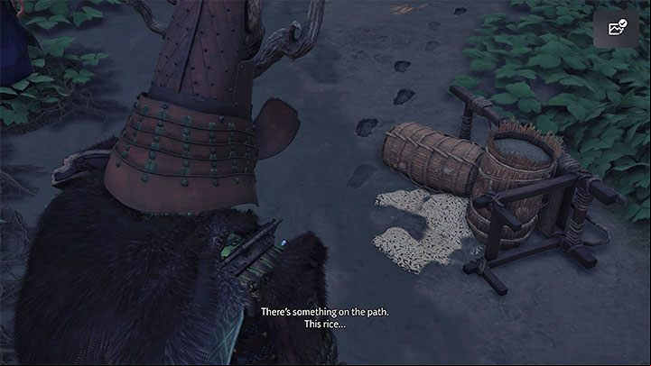 To progress the quest, locate the spilled rice from the screenshot - Ghost of Tsushima Iki Island: The Impact of Loss - walkthrough - Side Quests - Ghost of Tsushima Guide, Walkthrough