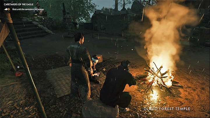 Go back to the top of the temple and talk to the people sitting around the fire - Ghost of Tsushima Iki Island: Caretakers of the Eagle - walkthrough - Side Quests - Ghost of Tsushima Guide, Walkthrough