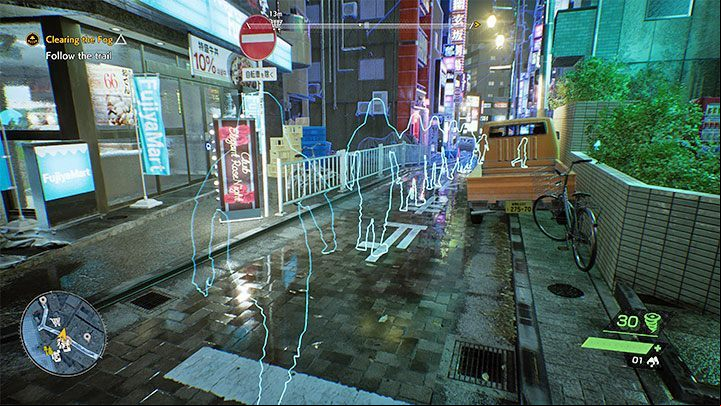 Turning on Spectral Vision near the sphere will make the traces of an unknown figure appear and you can start following them - Ghostwire Tokyo: Clearing the Fog - walkthrough - Chapter 2: Trouble - Ghostwire Tokyo Guide