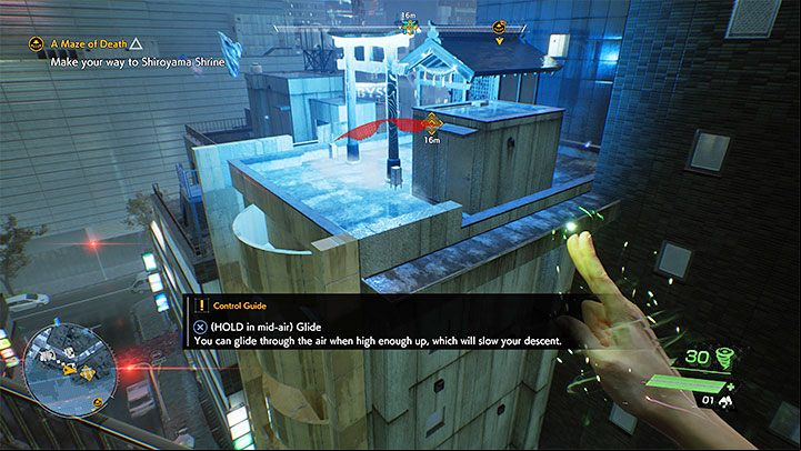 While traveling across the rooftops, you will also learn the Glide mechanics, which can be activated by holding down the jump button - Ghostwire Tokyo: A Maze of Death - walkthrough - Chapter 2: Trouble - Ghostwire Tokyo Guide