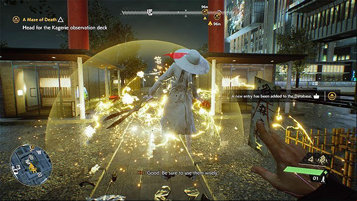 The game will allow you to "test" the Stun Talisman right away because a new elite Visitor will appear on the roof - Ghostwire Tokyo: A Maze of Death - walkthrough - Chapter 2: Trouble - Ghostwire Tokyo Guide