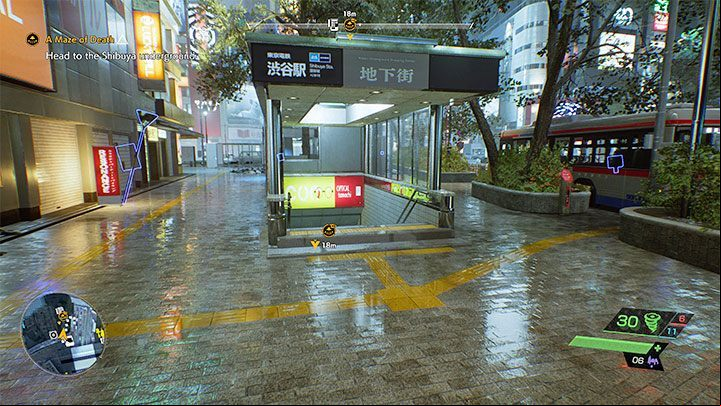 You can glide towards the exit to the metro tunnels or move closer to it by fast travel - Ghostwire Tokyo: A Maze of Death - walkthrough - Chapter 2: Trouble - Ghostwire Tokyo Guide