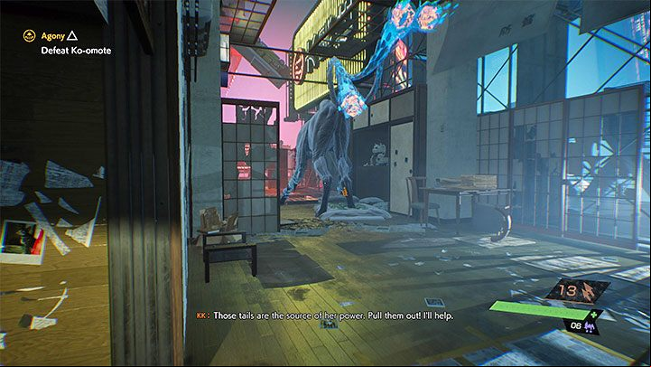 The key to winning this fight is to sneak up on the boss from behind while it's patrolling the area to perform Quick Purge - you need to use it on Ko-omote's tails - Ghostwire Tokyo: Agony - walkthrough - Chapter 3: Connection - Ghostwire Tokyo Guide