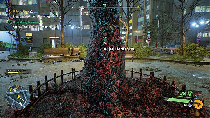 After winning the battle, approach the corrupted tree and examine it - Ghostwire Tokyo: Bloodthirsty Blossoms - walkthrough - Quests available from chapter 3 - Ghostwire Tokyo Guide
