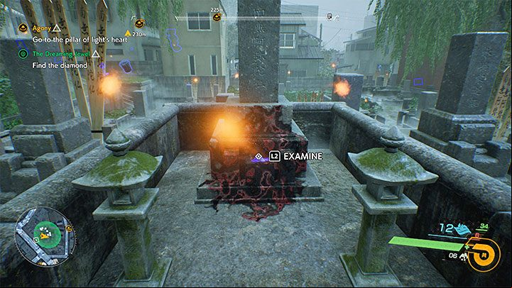 The diamond you're looking for can be found next to the tombstone pictured above, you'll recognize it due to the corruption covering its lower half - Ghostwire Tokyo: The Dreaming Jewel - walkthrough - Quests available from chapter 3 - Ghostwire Tokyo Guide