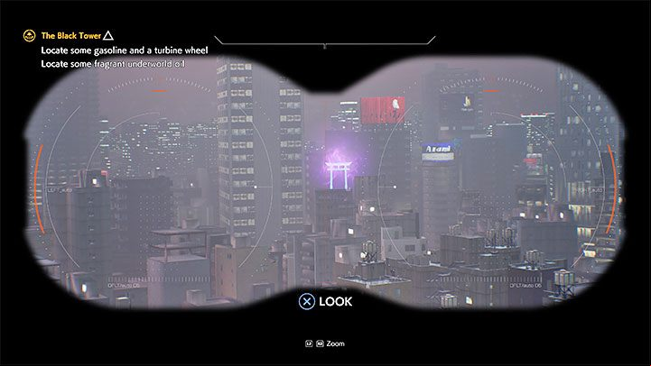 You will find binoculars on the roof of the skyscraper, which you can interact with to search for interactive areas that can be explored - Ghostwire Tokyo: The Black Tower - walkthrough - Chapter 4: Contortion - Ghostwire Tokyo Guide