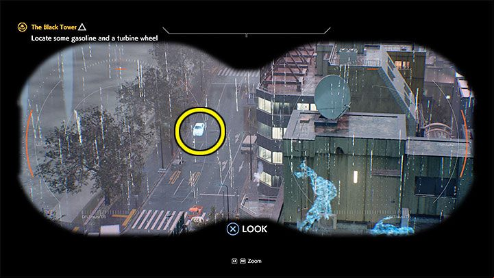 In this case, you need to investigate the parked vehicle at the left edge of the search area - we have marked it in the picture - Ghostwire Tokyo: The Black Tower - walkthrough - Chapter 4: Contortion - Ghostwire Tokyo Guide