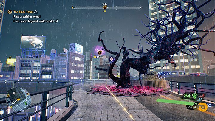 The route will lead you to the corrupted tree shown in the picture - Ghostwire Tokyo: The Black Tower - walkthrough - Chapter 4: Contortion - Ghostwire Tokyo Guide