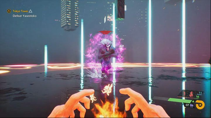 The boss can also generate a shield you can damage with charged attacks (the fire element works the best here) or just wait for Yaseotoko to drop it on his own - Ghostwire Tokyo: Tokyo Tower - walkthrough - Chapter 5: Severance - Ghostwire Tokyo Guide