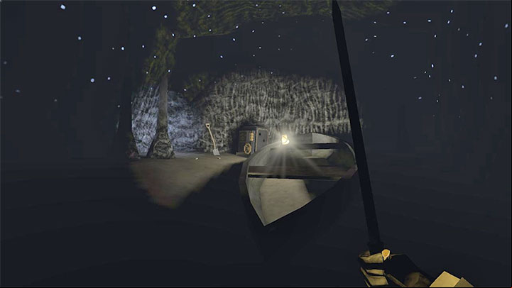 Inside the small cave is a boat and the safe you're looking for, as pictured above - Gloomwood: Croups Fishery Cave Safe - combination, contents - Safes - Gloomwood Guide, Walkthrough