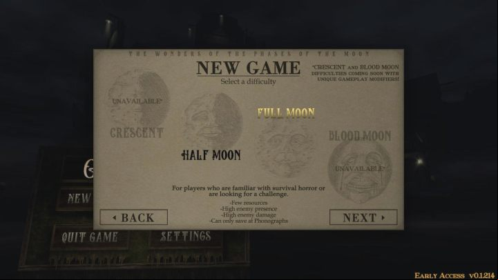 Gloomwood will ultimately offer 4 levels of difficulty - Crescent, Half Moon, Full Moon and Blood Moon - Gloomwood: Difficulty levels - list, modifiers - Basics - Gloomwood Guide, Walkthrough