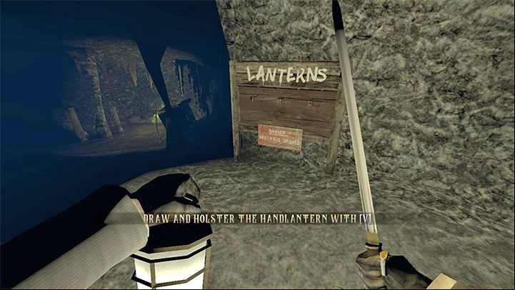 Right after entering the new location, you will find a Lantern that you can use limitless (use the V key to take it out and hide it) - Gloomwood: Coast Caves - walkthrough - Walkthrough - Gloomwood Guide, Walkthrough