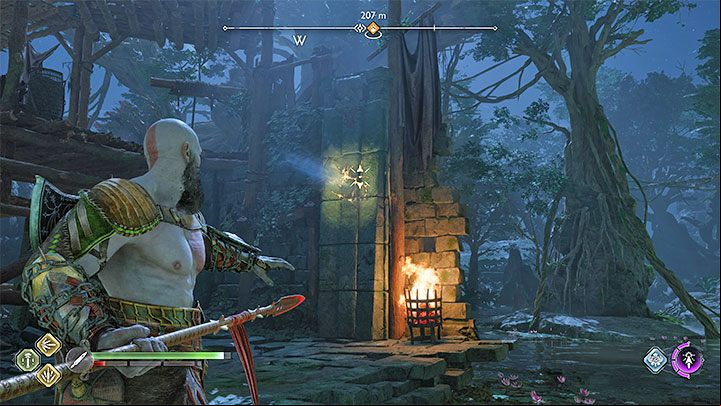 After the battle with the Dreki, find an opening in the wall in the ruins (above image) - throw your spear there and detonate it to unlock a new climbing spot - God of War Ragnarok: Creatures of Prophecy - walkthrough - Walkthrough - God of War Ragnarok Guide