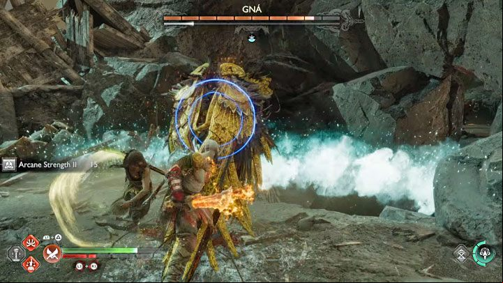 Guarding with the wings - Blue rings will appear and you must break through her defenses by hitting her quickly with your shield (2x L1 button) - God of War Ragnarok: How to defeat the boss Valkyrie Queen Gna? - Bosses - God of War Ragnarok Guide