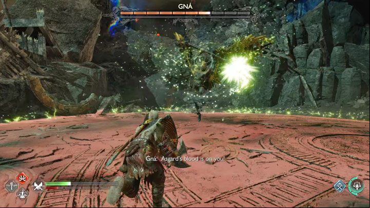 Charging weapons in the air - This is a blue attack, but it is more offensive-oriented - God of War Ragnarok: How to defeat the boss Valkyrie Queen Gna? - Bosses - God of War Ragnarok Guide