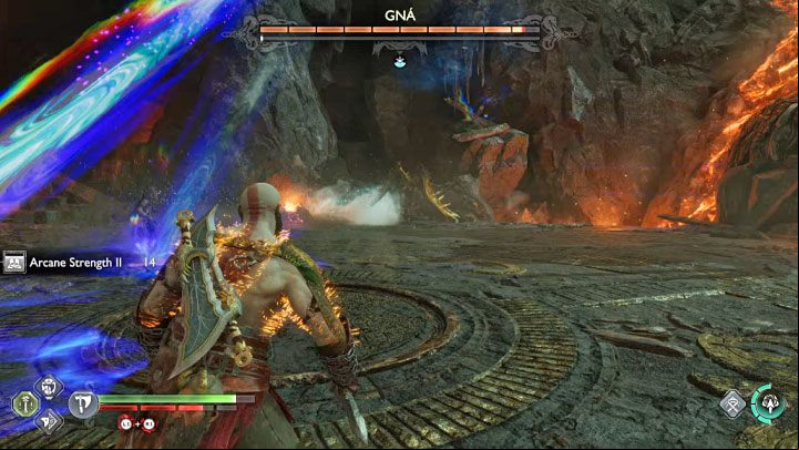 Bombarding the arena with projectiles - You have to dodge to the side - God of War Ragnarok: How to defeat the boss Valkyrie Queen Gna? - Bosses - God of War Ragnarok Guide