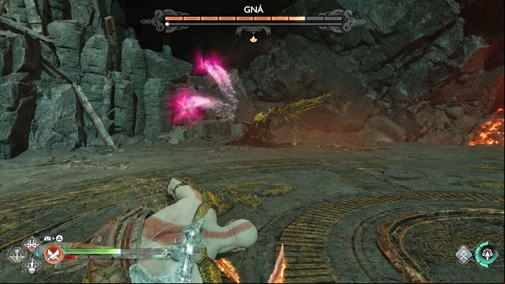 Homing projectiles - These can be a regular or red attack and Gna additionally shoots two series of projectiles - God of War Ragnarok: How to defeat the boss Valkyrie Queen Gna? - Bosses - God of War Ragnarok Guide