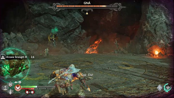 Shooting a single large projectile - This is a red attack, but it is signaled in advance and the projectile itself does not fly very fast, so dodging should not be difficult - God of War Ragnarok: How to defeat the boss Valkyrie Queen Gna? - Bosses - God of War Ragnarok Guide