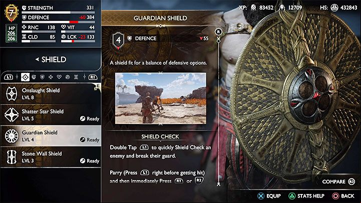Unique trait - Shield Check: You can break the enemy's guard (2x L1), as well as parry attacks and counter (L1 at the last possible moment before you're hit, then R1 or R2) - God of War Ragnarok: All Kratos shields - Character development - God of War Ragnarok Guide