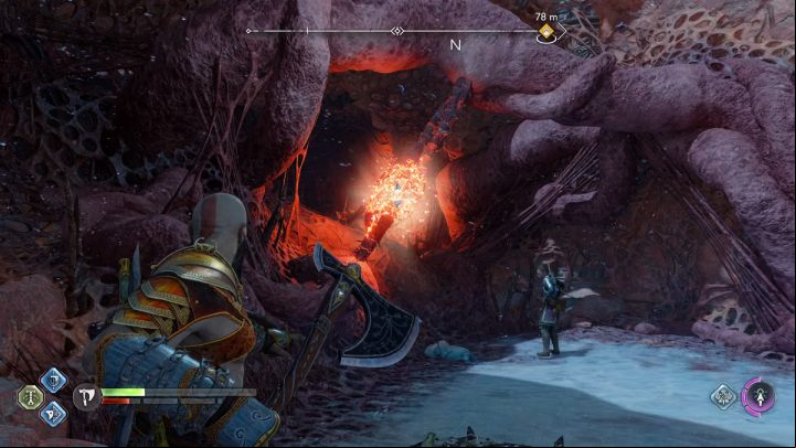 The upper part of the Canyons will be blocked, you must remove all the red connections in one go by throwing the axe at the right angle - God of War Ragnarok: Secret of the Sands - walkthrough - Favors - Alfheim - God of War Ragnarok Guide
