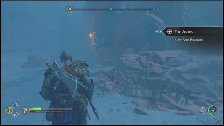 The entrance to the cave leads to the Below, a region located below the Barrens - God of War Ragnarok: Secret of the Sands - walkthrough - Favors - Alfheim - God of War Ragnarok Guide
