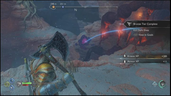 Aim the axe at the crystal to pierce all 3 red connections at the same time - God of War Ragnarok: Secret of the Sands - walkthrough - Favors - Alfheim - God of War Ragnarok Guide