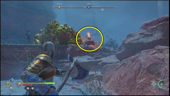 Destroy the red vessel standing behind the debris, the explosion will remove the blockade - God of War Ragnarok: Secret of the Sands - walkthrough - Favors - Alfheim - God of War Ragnarok Guide