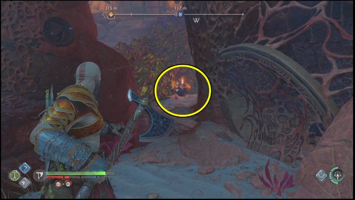Throw the axe at the crystal behind one of the red connections - God of War Ragnarok: Secret of the Sands - walkthrough - Favors - Alfheim - God of War Ragnarok Guide