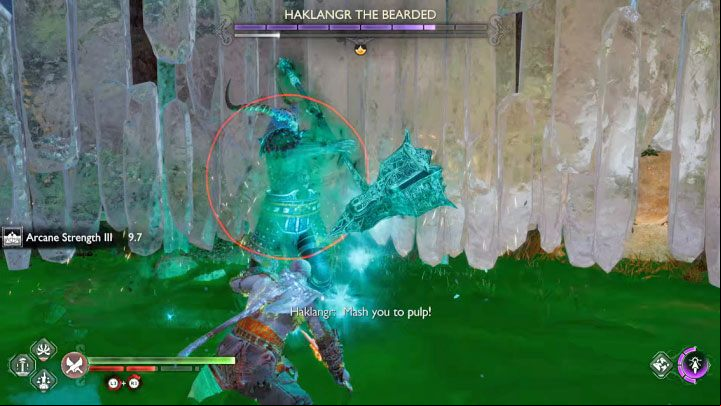 Haklangr's very dangerous red attack creates a green area around him - God of War Ragnarok: How to defeat the berserker Haklangr the Bearded? - Berserkers - God of War Ragnarok Guide