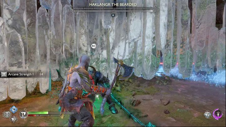 Once the boss' health bar is depleted, you can perform an execution (R3) - God of War Ragnarok: How to defeat the berserker Haklangr the Bearded? - Berserkers - God of War Ragnarok Guide